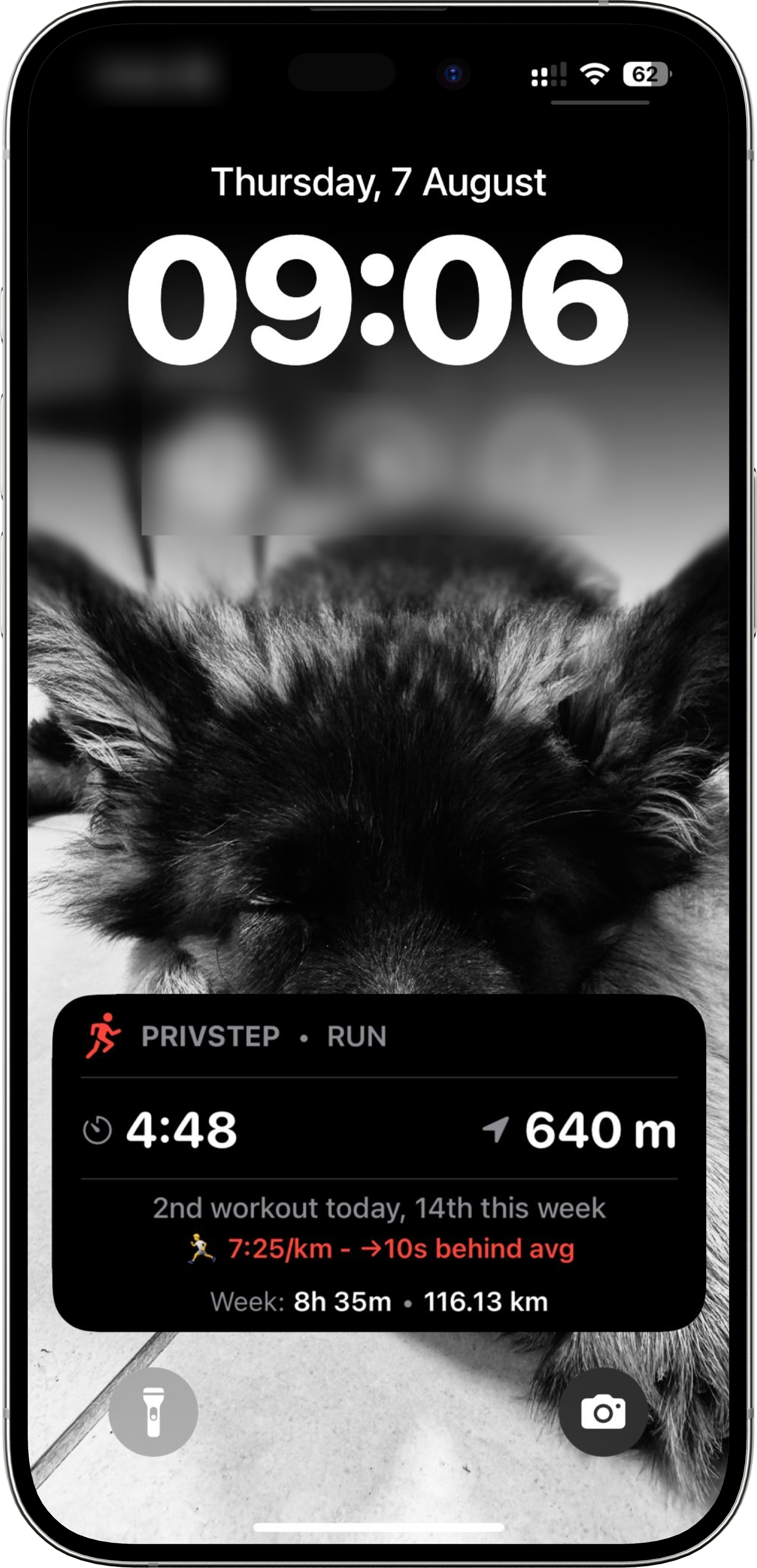 PrivStep Live Activity on iPhone lock screen showing workout progress without unlocking