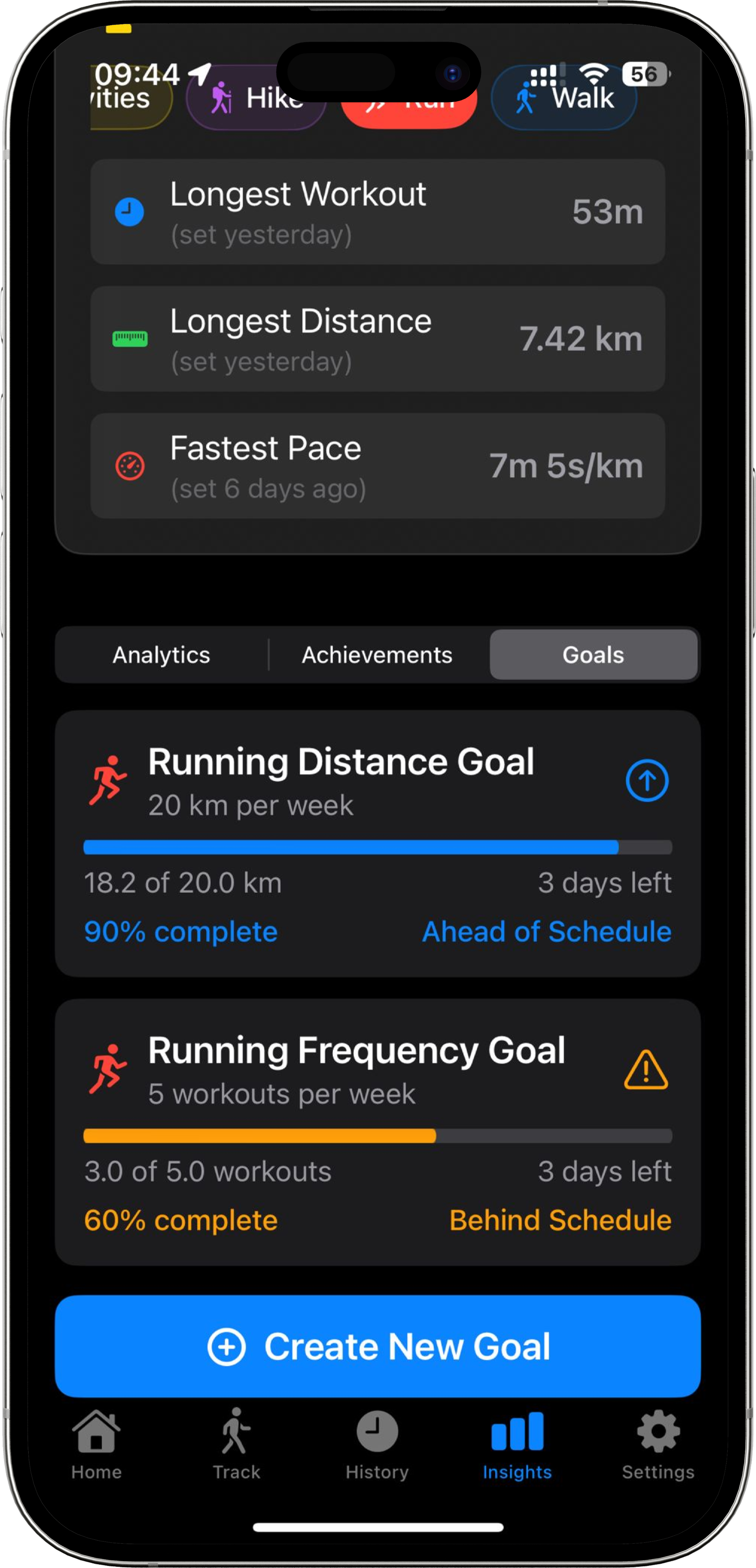 PrivStep goals tracking screen showing running distance and frequency goals with progress