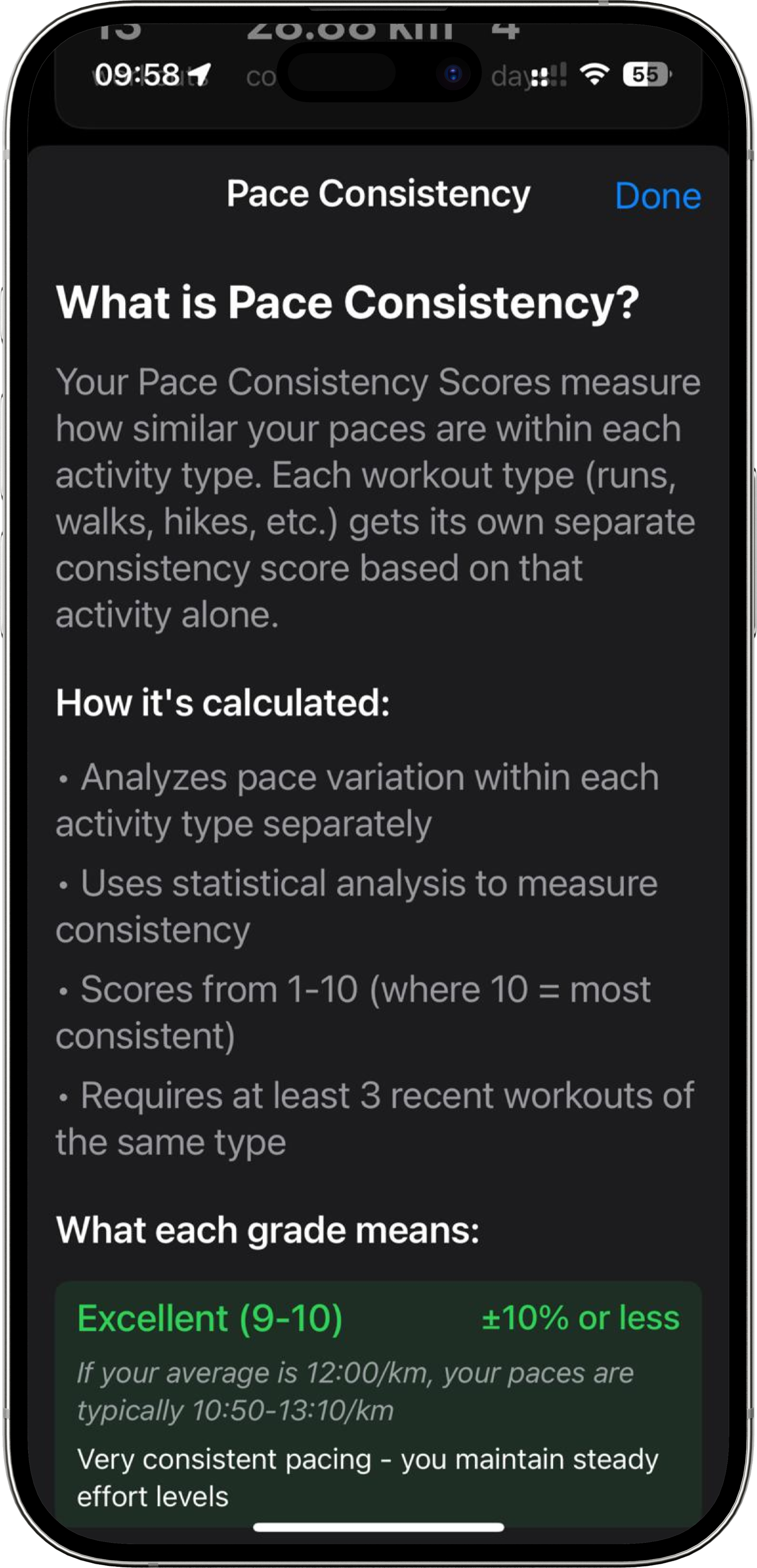 PrivStep pace consistency explanation screen showing detailed analytics