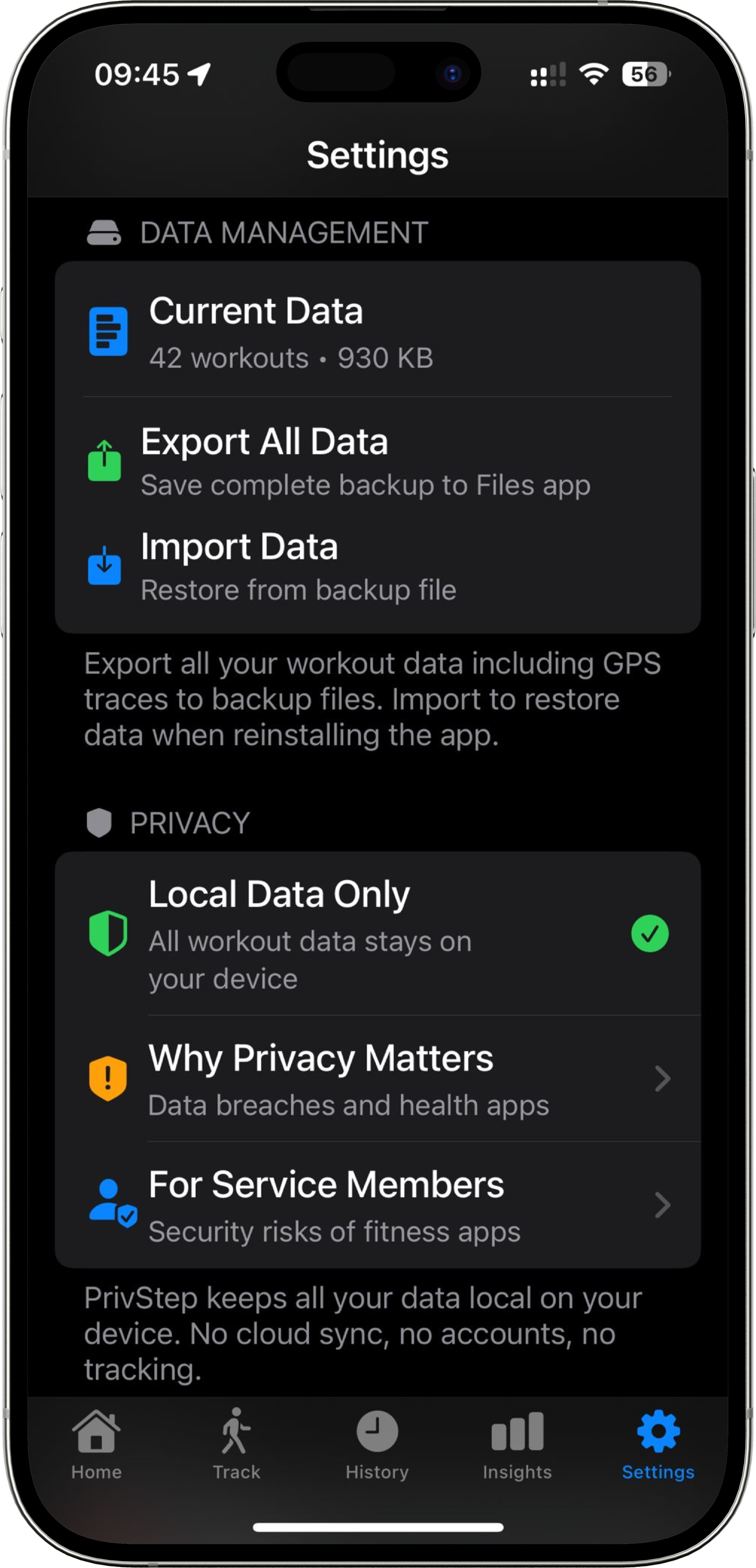 Privacy settings showing local data only